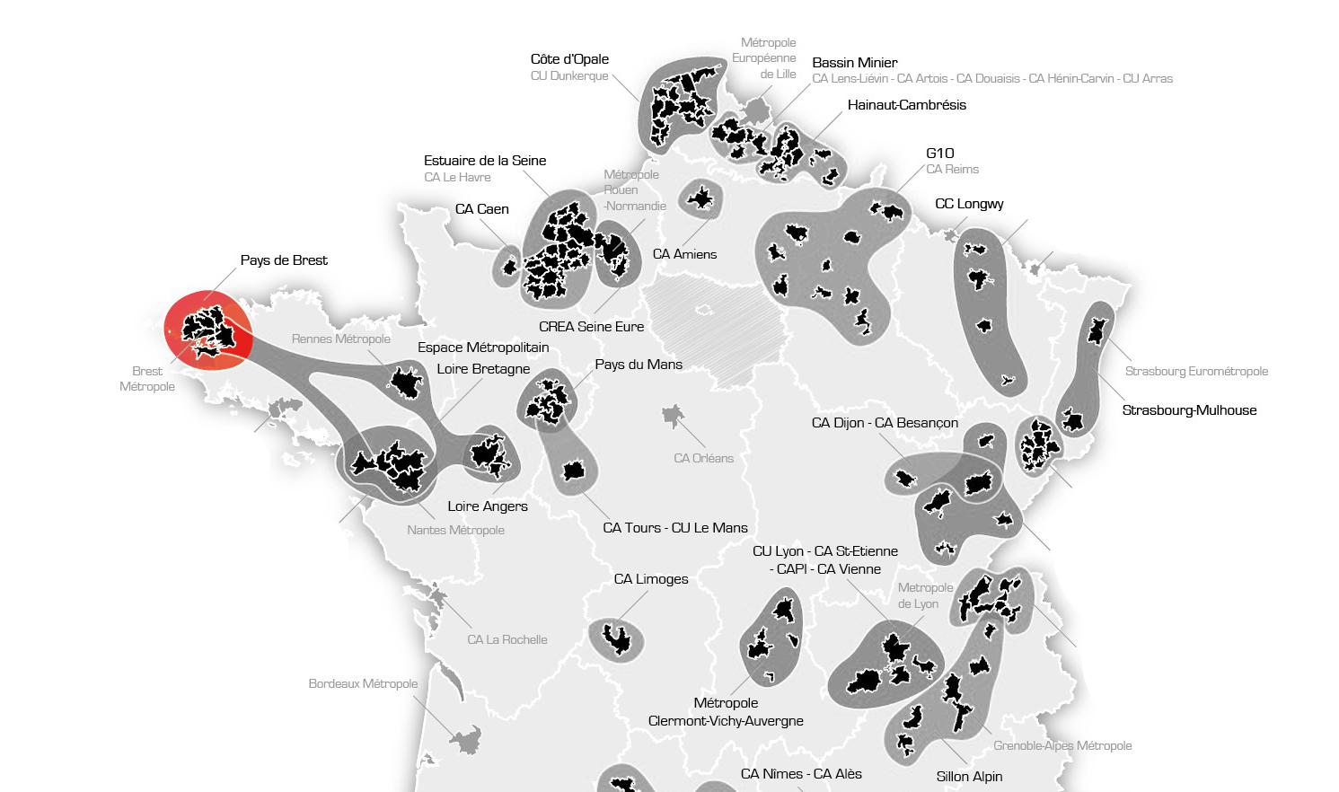 Carte des pôles métropolitains (Kamisphere, 2015)